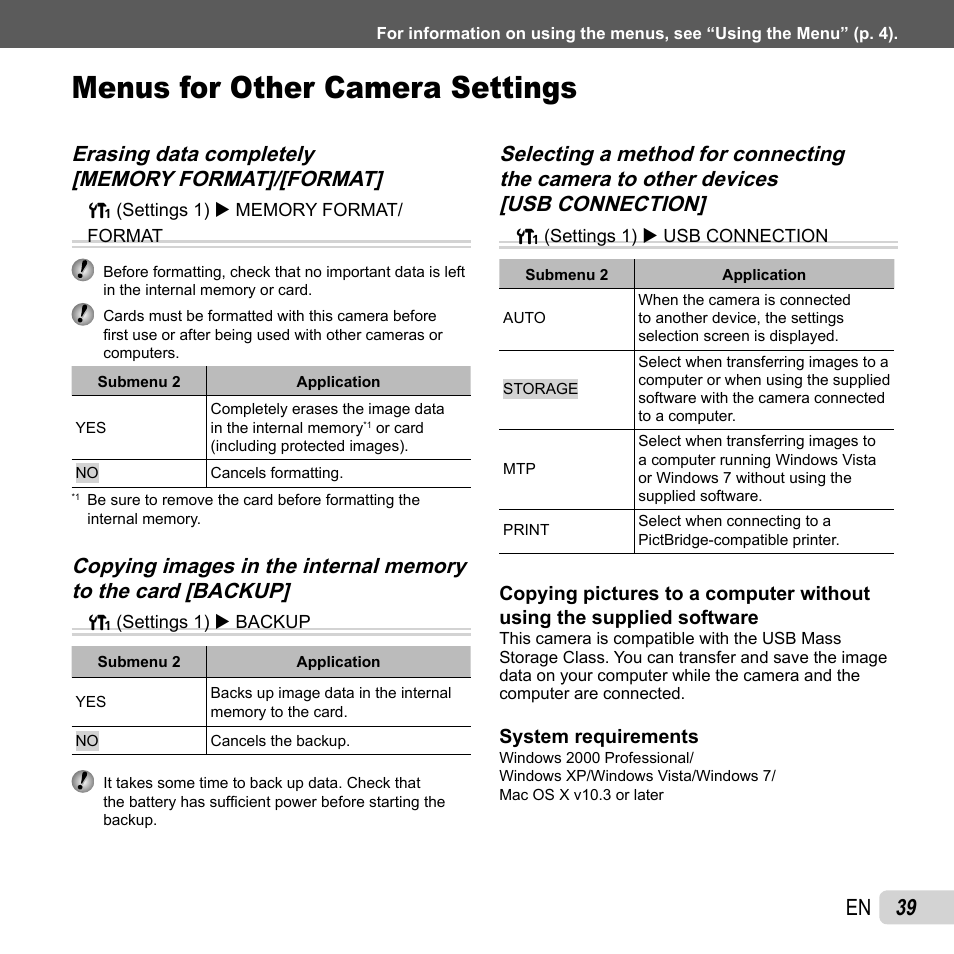 Menus for other camera settings, 39 en | Olympus T-10 User Manual | Page 39 / 71