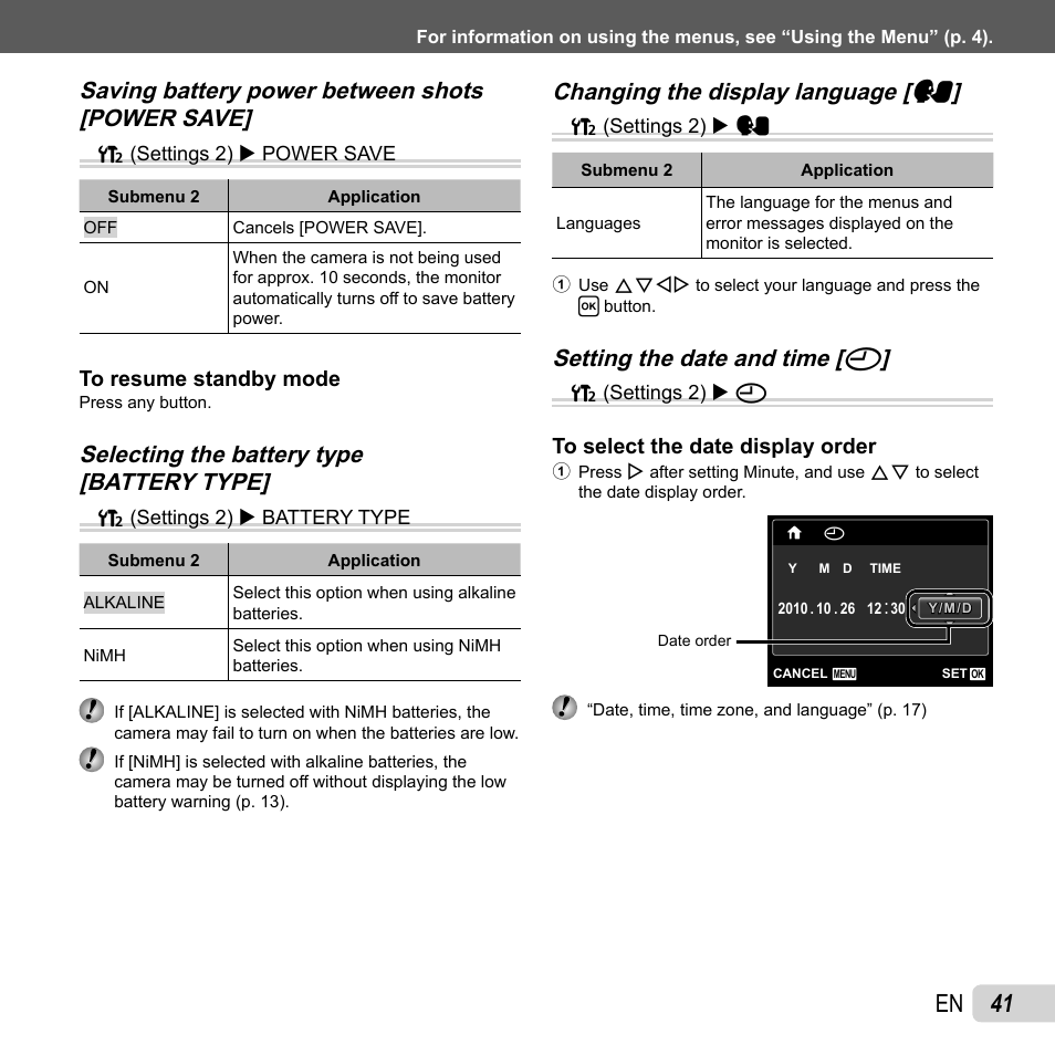 41 en, Changing the display language, Changing the display language [ w w | Setting the date and time, Setting the date and time [ x x | Olympus T-10 User Manual | Page 41 / 71