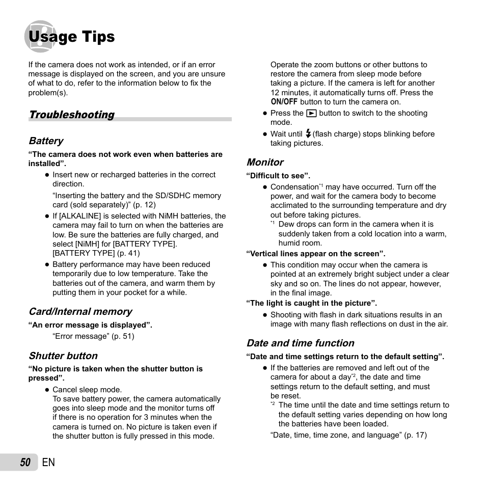 Usage tips, 50 en, Troubleshooting | Battery, Shutter button, Monitor, Date and time function | Olympus T-10 User Manual | Page 50 / 71