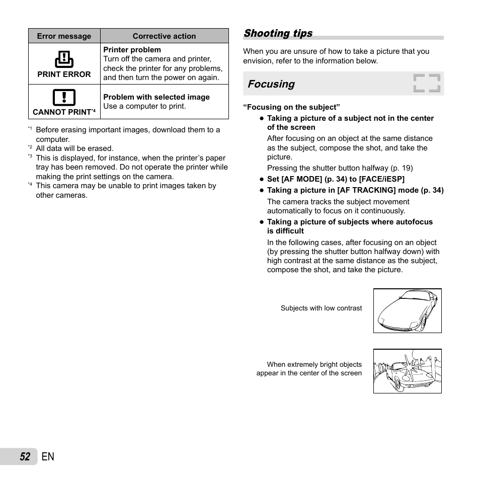 52 en, Shooting tips, Focusing | Olympus T-10 User Manual | Page 52 / 71
