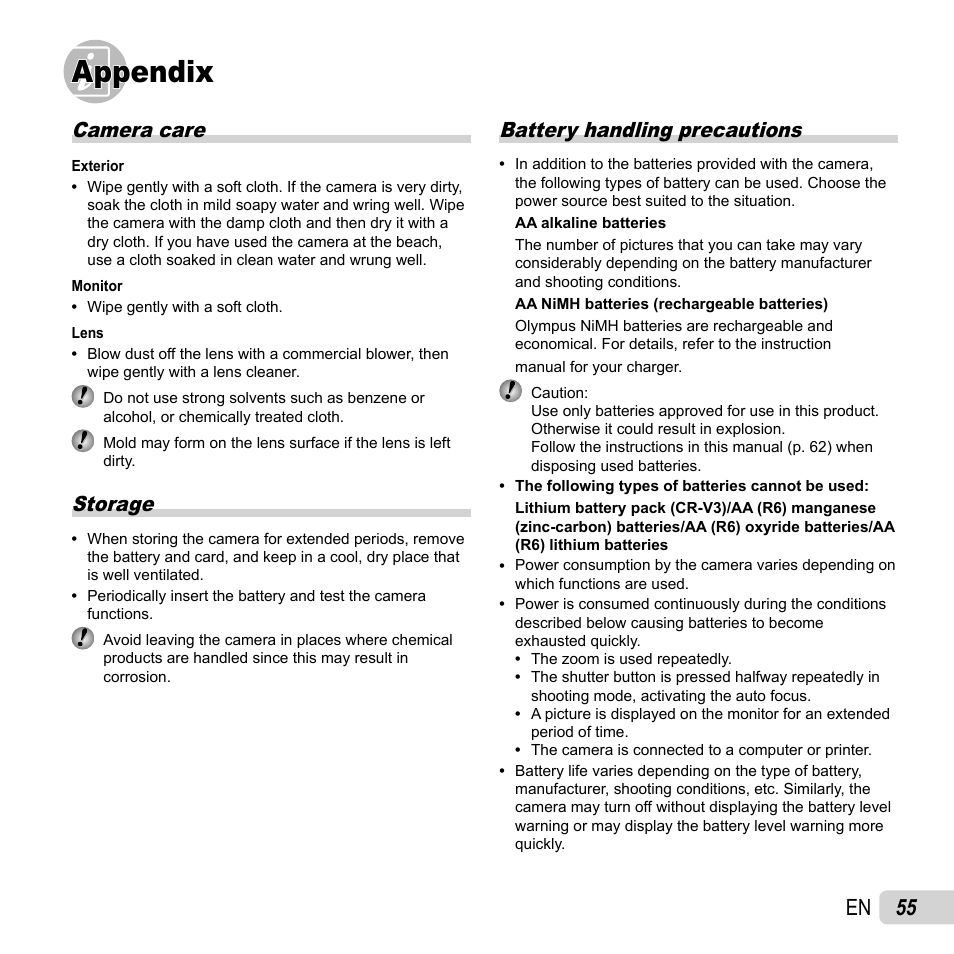 Appendix, 55 en, Camera care | Storage, Battery handling precautions | Olympus T-10 User Manual | Page 55 / 71