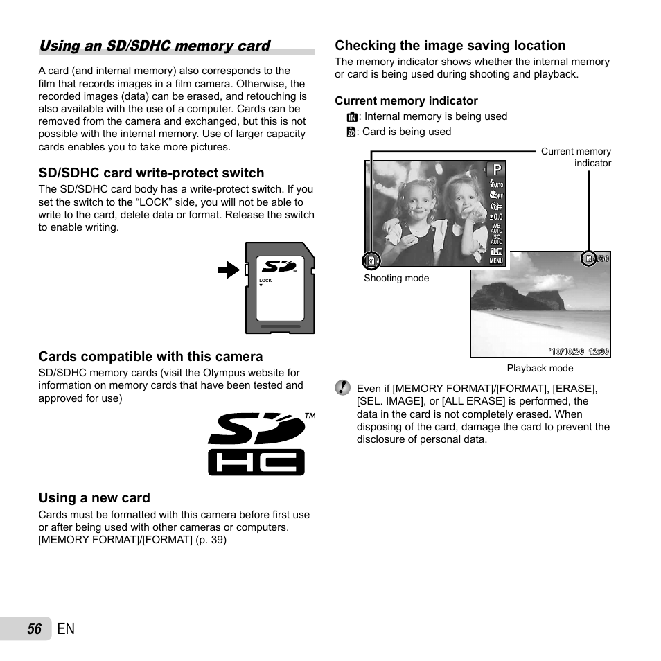 56 en, Sd/sdhc card write-protect switch, Cards compatible with this camera | Using a new card, Checking the image saving location | Olympus T-10 User Manual | Page 56 / 71