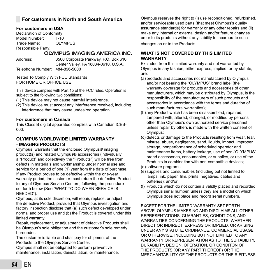 64 en | Olympus T-10 User Manual | Page 64 / 71