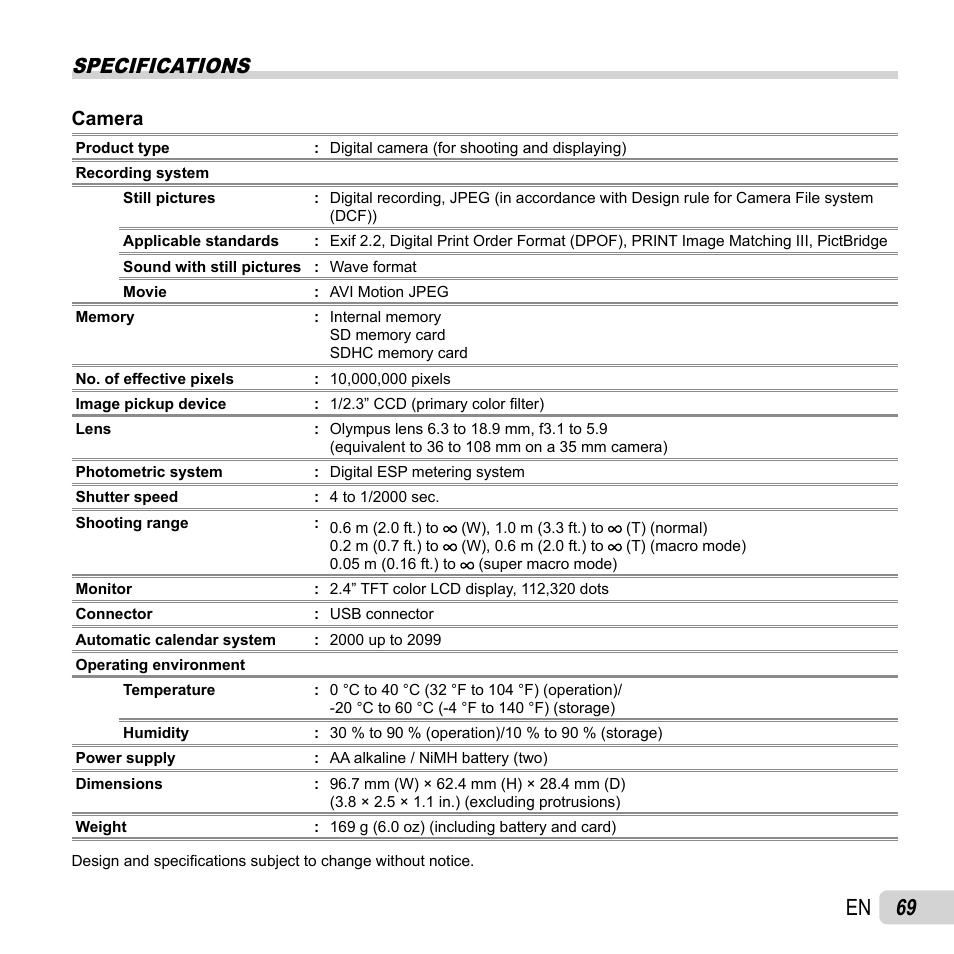 69 en, Specifications, Camera | Olympus T-10 User Manual | Page 69 / 71