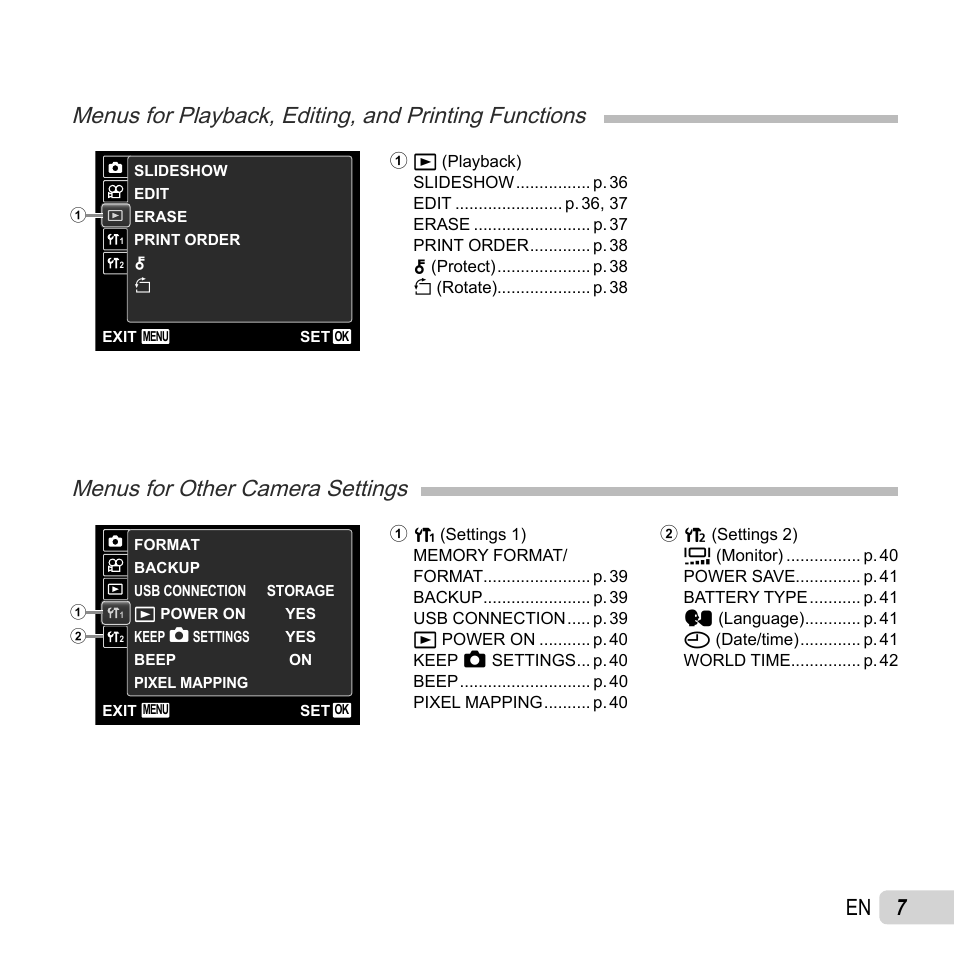 Menus for other camera settings | Olympus T-10 User Manual | Page 7 / 71
