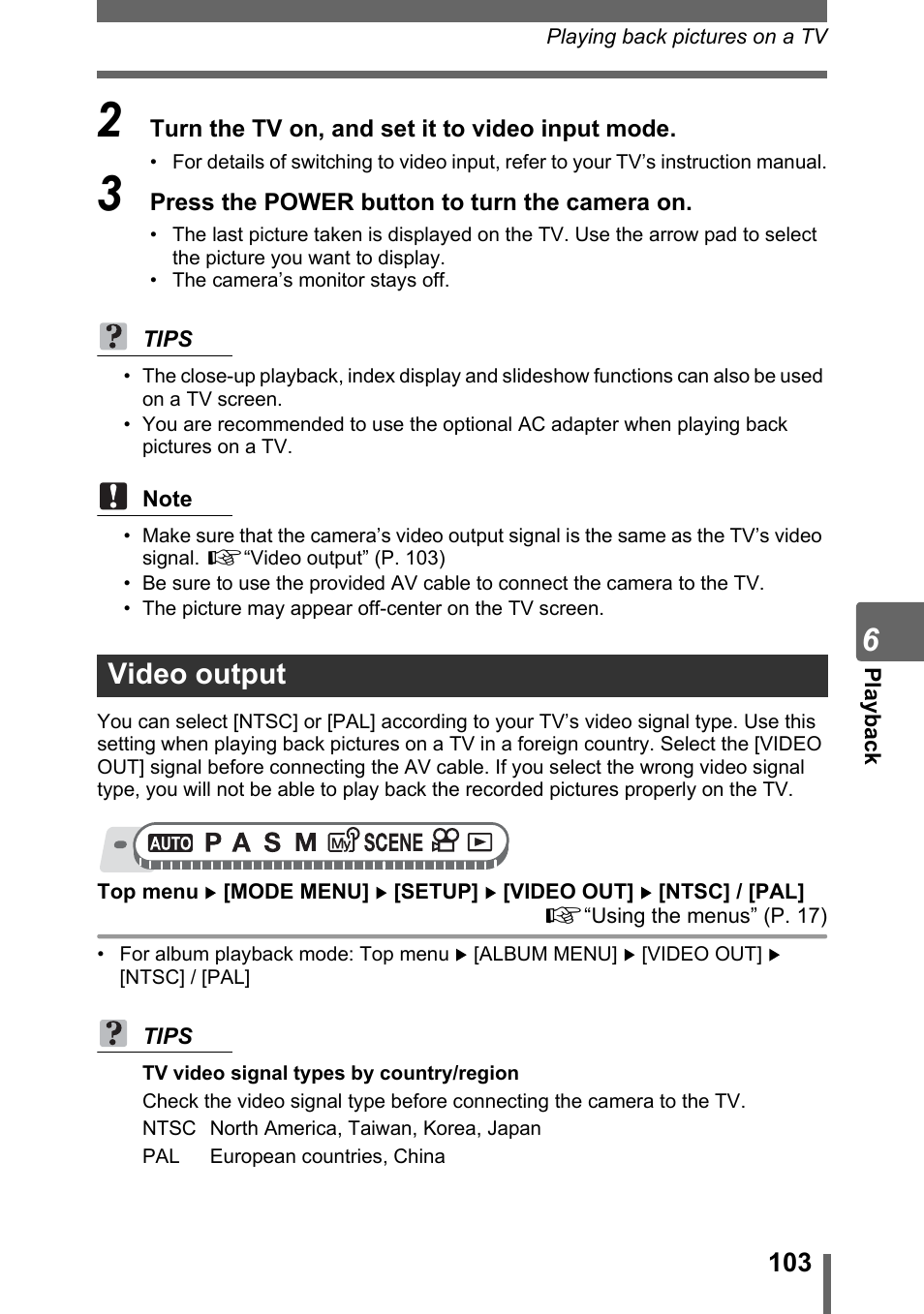 Video output, P. 103 | Olympus SP-310 User Manual | Page 103 / 195