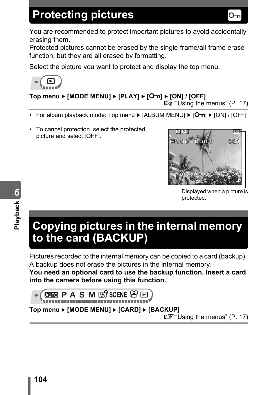 Protecting pictures, P. 104, Protecting pictures” (p. 104) | Olympus SP-310 User Manual | Page 104 / 195