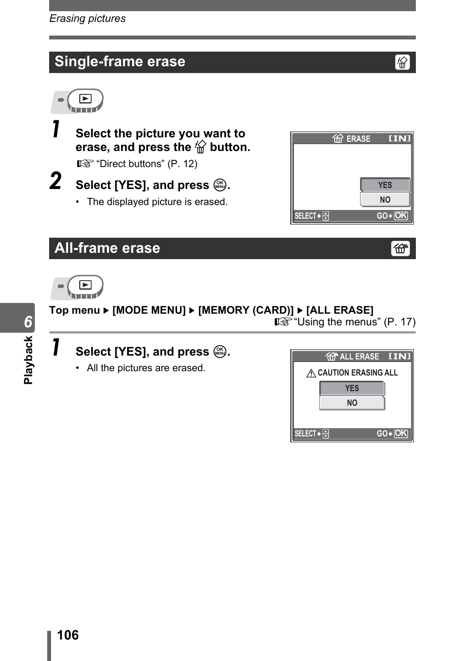 Single-frame erase, All-frame erase, Single-frame erase all-frame erase | Olympus SP-310 User Manual | Page 106 / 195