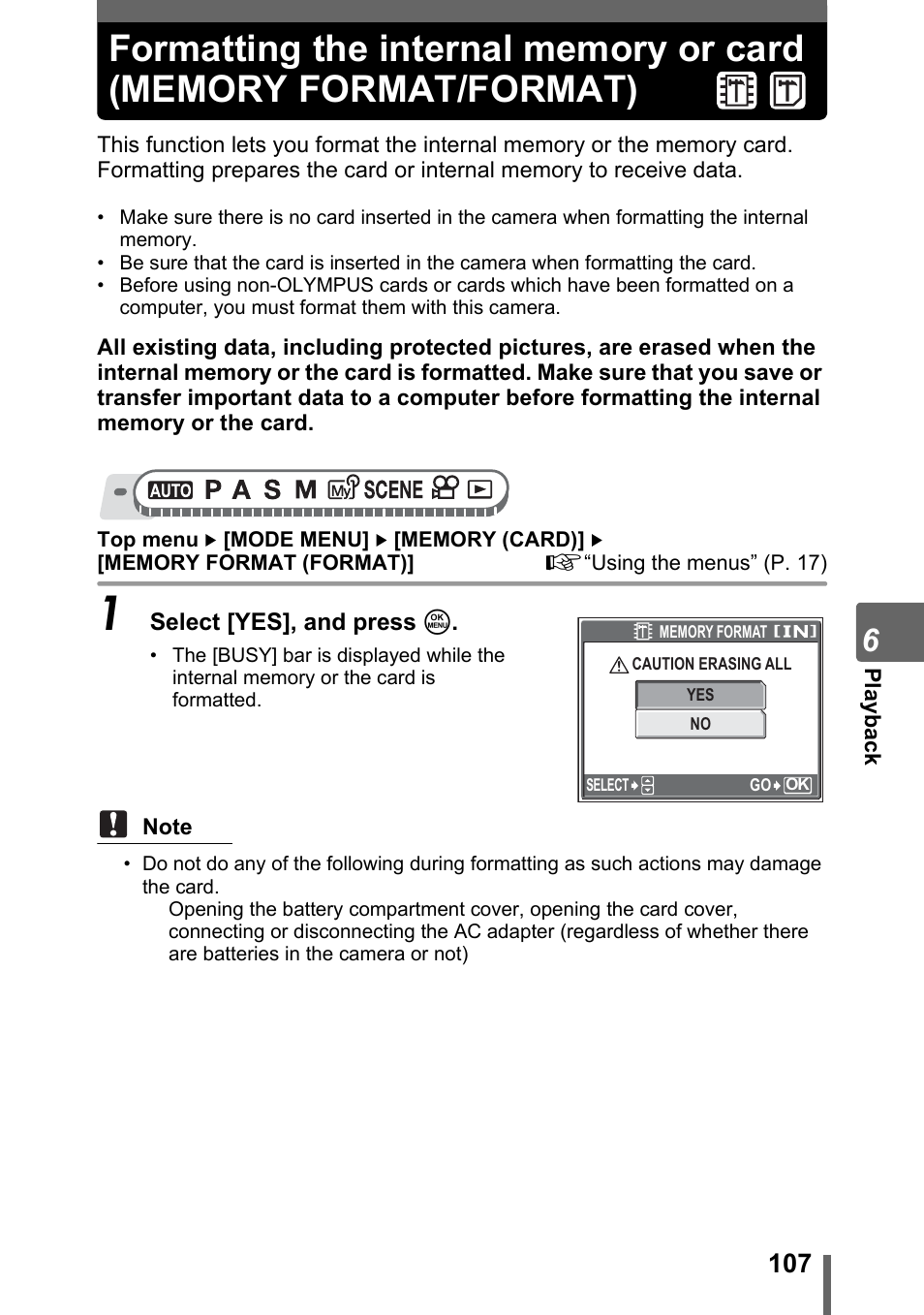 Formatting the internal memory or card, Memory format/format) | Olympus SP-310 User Manual | Page 107 / 195