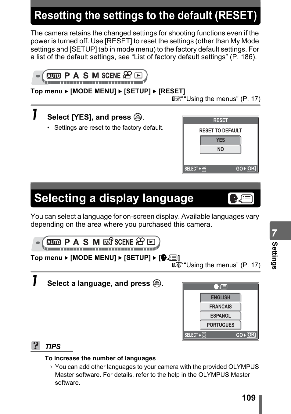 Resetting the settings to the default (reset), Selecting a display language, Resetting the settings to the default | Reset)” (p. 109) | Olympus SP-310 User Manual | Page 109 / 195