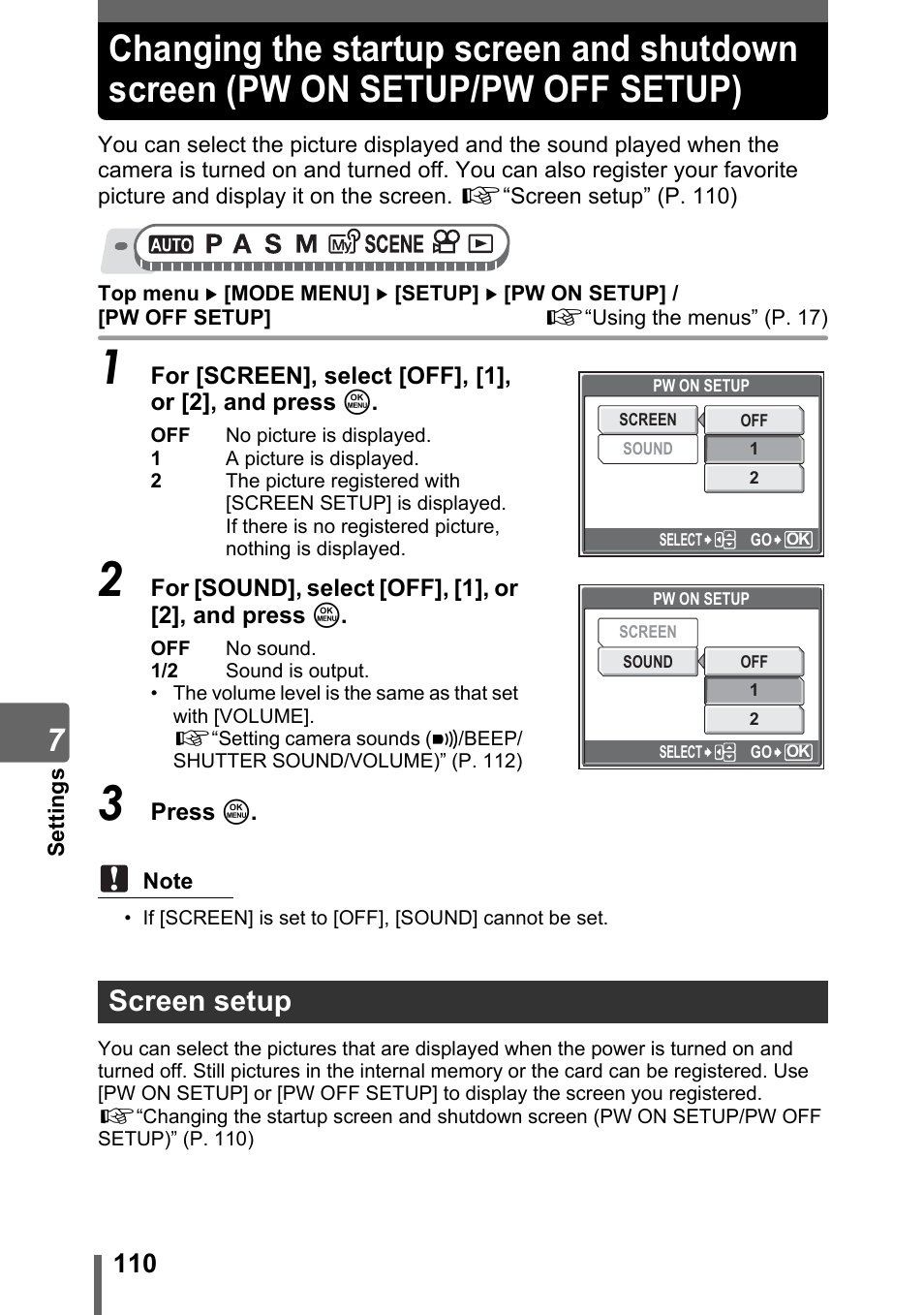 Screen setup, Changing the startup screen and shutdown screen, Pw on setup/pw off setup) | Olympus SP-310 User Manual | Page 110 / 195