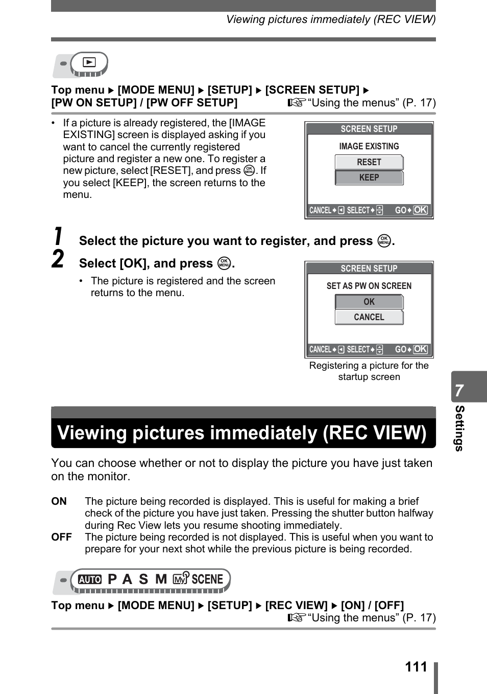 Viewing pictures immediately (rec view) | Olympus SP-310 User Manual | Page 111 / 195