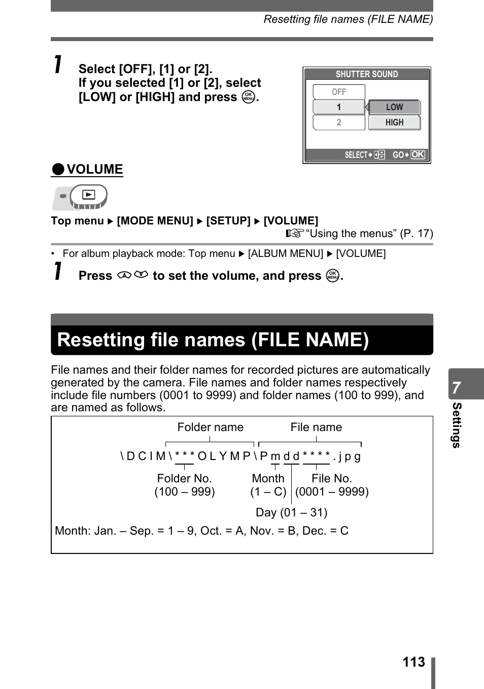 Resetting file names (file name) | Olympus SP-310 User Manual | Page 113 / 195