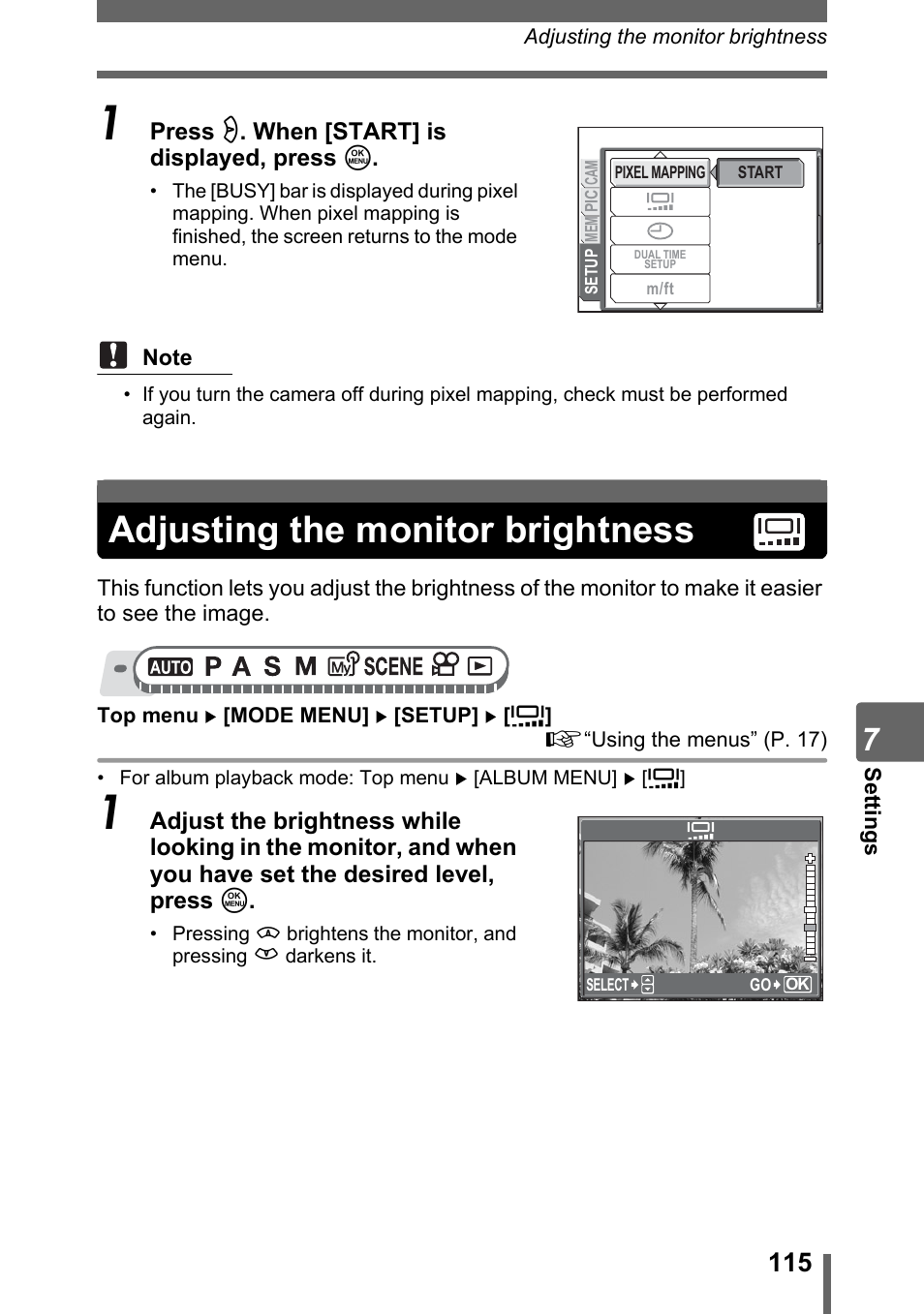 Adjusting the monitor brightness, P. 115 | Olympus SP-310 User Manual | Page 115 / 195