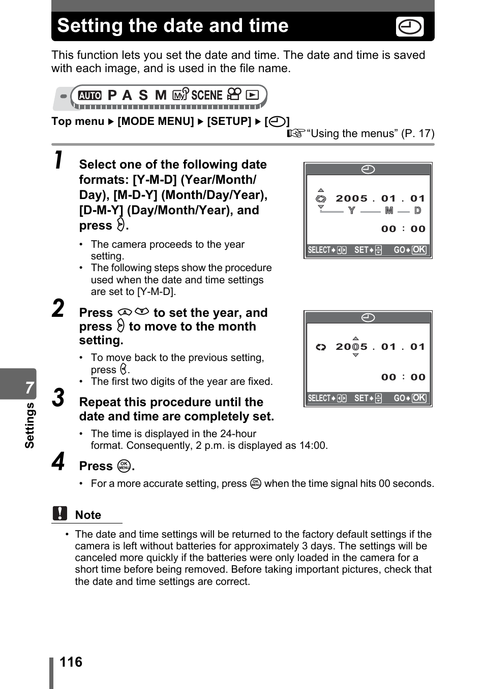 Setting the date and time | Olympus SP-310 User Manual | Page 116 / 195