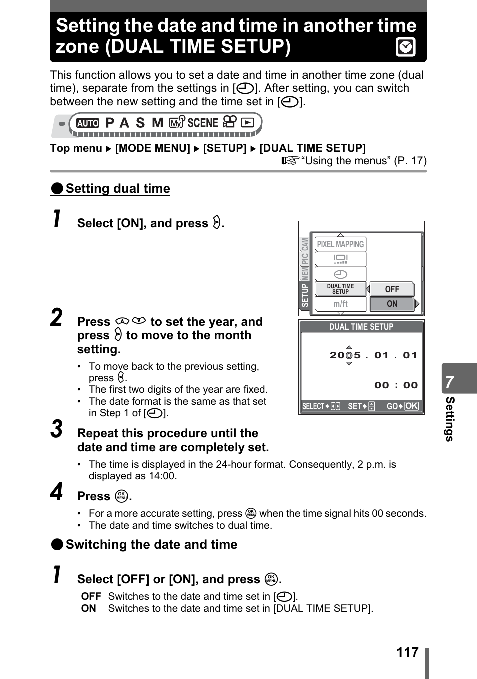 Setting the date and time in another time zone, Dual time setup) | Olympus SP-310 User Manual | Page 117 / 195