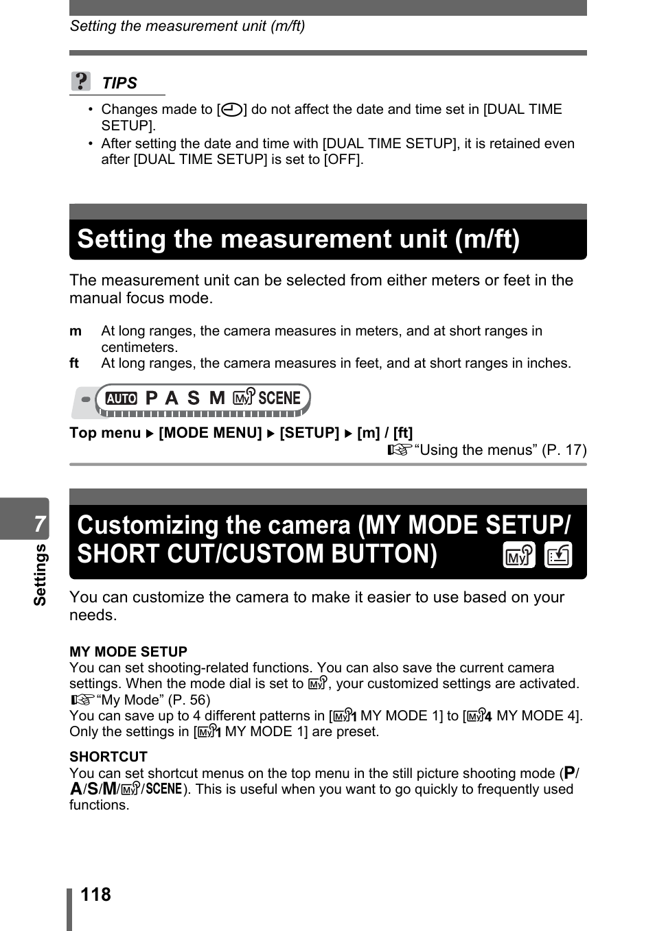 Setting the measurement unit (m/ft), Custom button), Button)” (p. 118) | Olympus SP-310 User Manual | Page 118 / 195