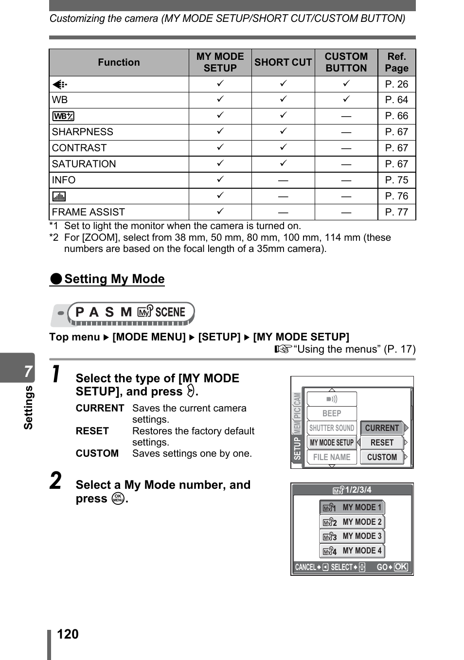Setting my mode | Olympus SP-310 User Manual | Page 120 / 195
