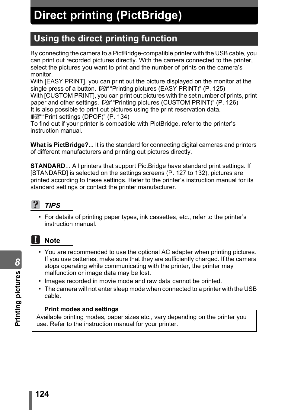 Direct printing (pictbridge), Using the direct printing function | Olympus SP-310 User Manual | Page 124 / 195
