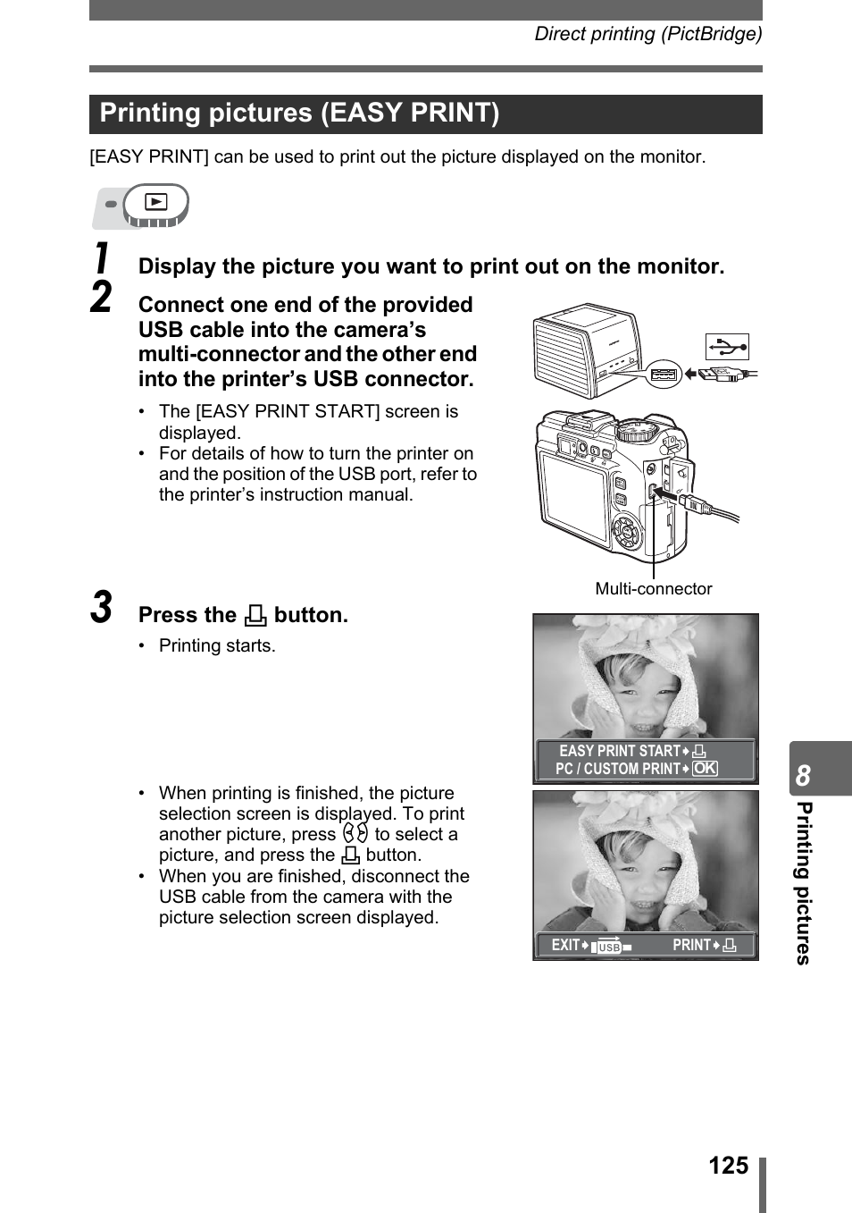 Printing pictures (easy print), P. 125, Printing pictures (easy print)” (p. 125) | Olympus SP-310 User Manual | Page 125 / 195