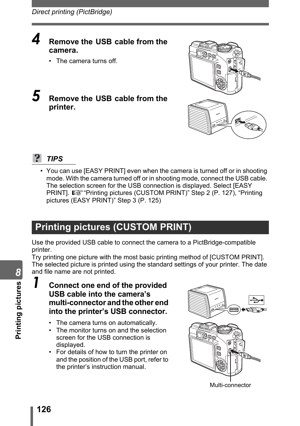 Printing pictures (custom print), G“printing pictures (custom print)” (p. 126) | Olympus SP-310 User Manual | Page 126 / 195