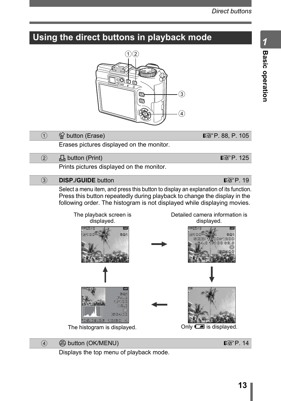 Using the direct buttons in playback mode, Ba si c op e ra tio n, Direct buttons | The histogram is displayed, Only f is displayed | Olympus SP-310 User Manual | Page 13 / 195