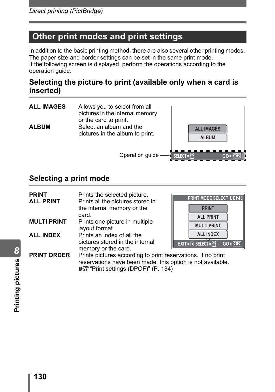 Other print modes and print settings, Selecting a print mode | Olympus SP-310 User Manual | Page 130 / 195