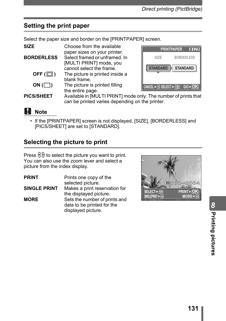 Setting the print paper, Selecting the picture to print | Olympus SP-310 User Manual | Page 131 / 195
