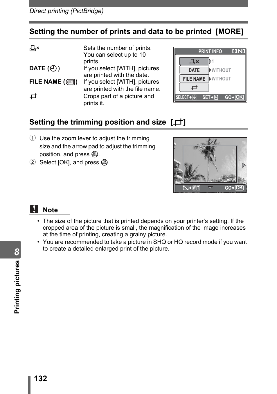 Setting the trimming position and size [ p | Olympus SP-310 User Manual | Page 132 / 195