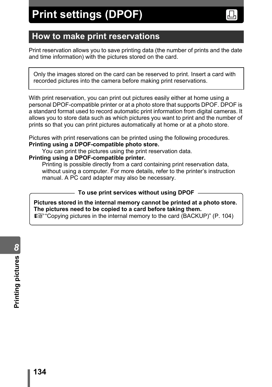 Print settings (dpof), How to make print reservations, P. 134 | G“print settings (dpof)” (p. 134) | Olympus SP-310 User Manual | Page 134 / 195