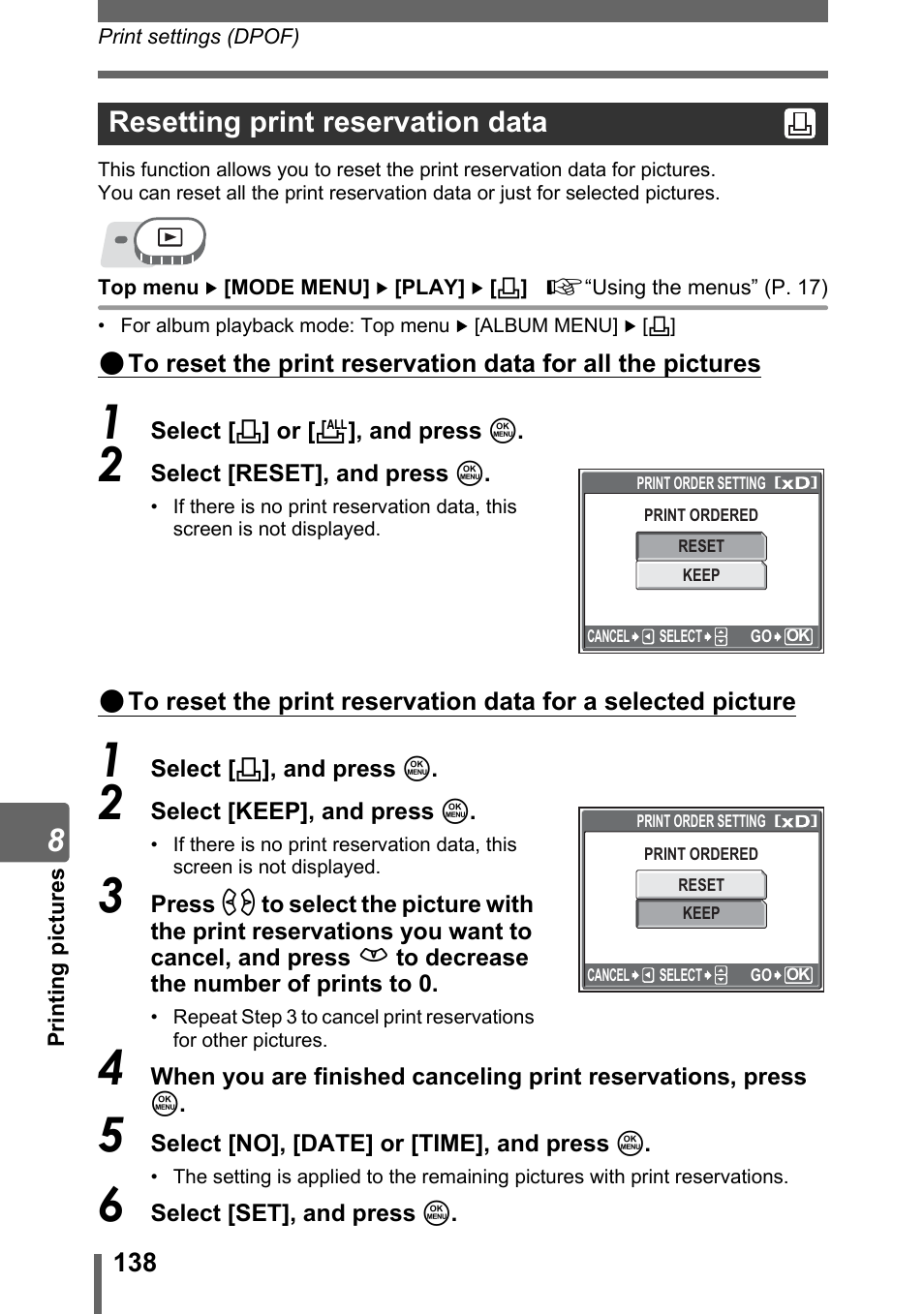 Resetting print reservation data | Olympus SP-310 User Manual | Page 138 / 195