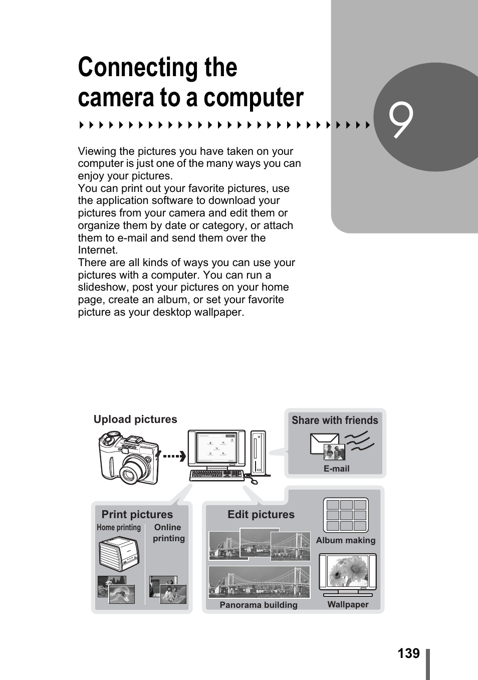 9 connecting the camera to a computer, Connecting the camera, To a computer | P. 139, Connecting the camera to a computer | Olympus SP-310 User Manual | Page 139 / 195