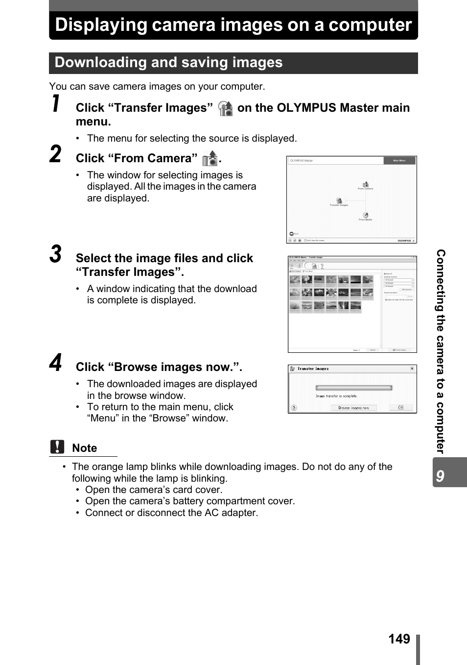 Displaying camera images on a computer, Downloading and saving images, Gp. 149 | Olympus SP-310 User Manual | Page 149 / 195