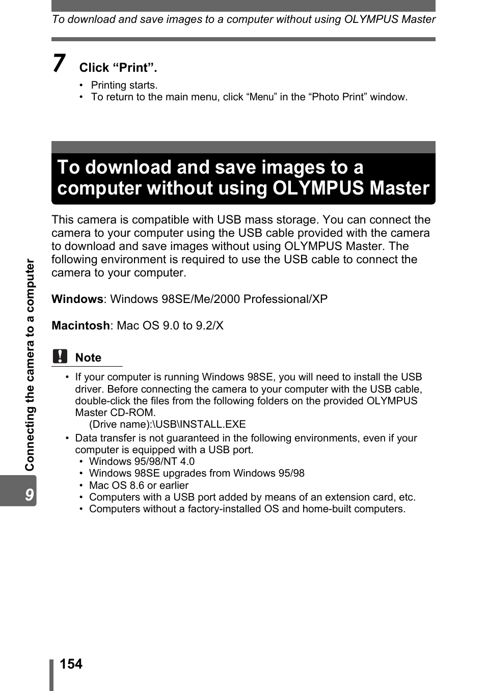 To download and save images to a computer without, Using olympus master | Olympus SP-310 User Manual | Page 154 / 195