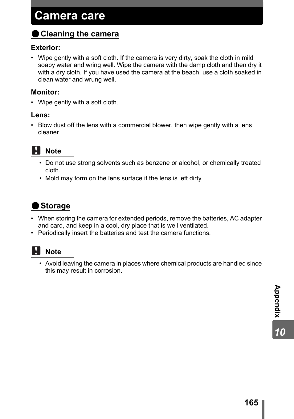 Camera care, P. 165 | Olympus SP-310 User Manual | Page 165 / 195