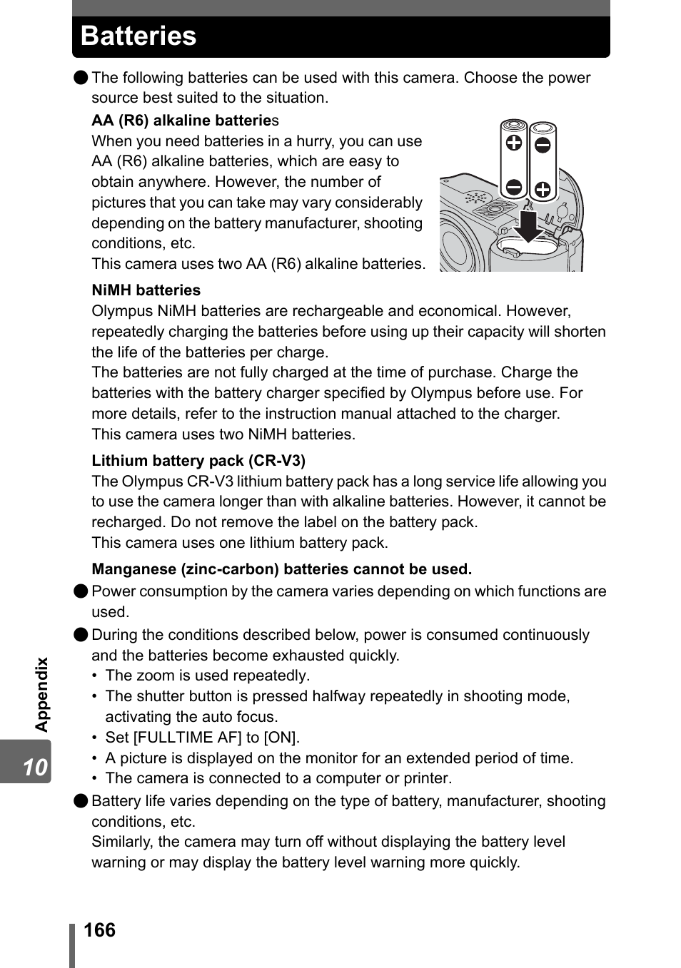 Batteries | Olympus SP-310 User Manual | Page 166 / 195