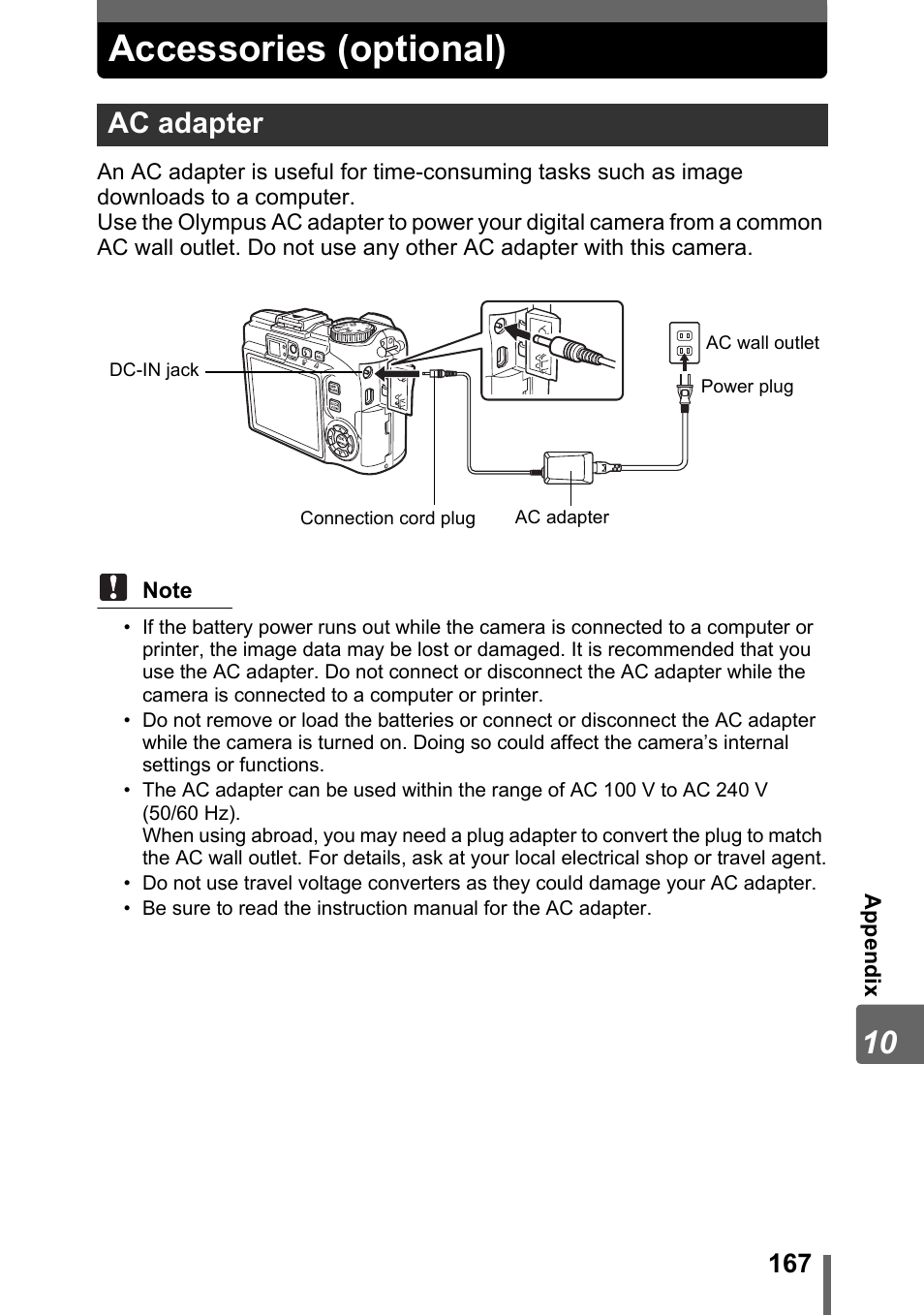 Accessories (optional), Ac adapter, P. 167 | Olympus SP-310 User Manual | Page 167 / 195
