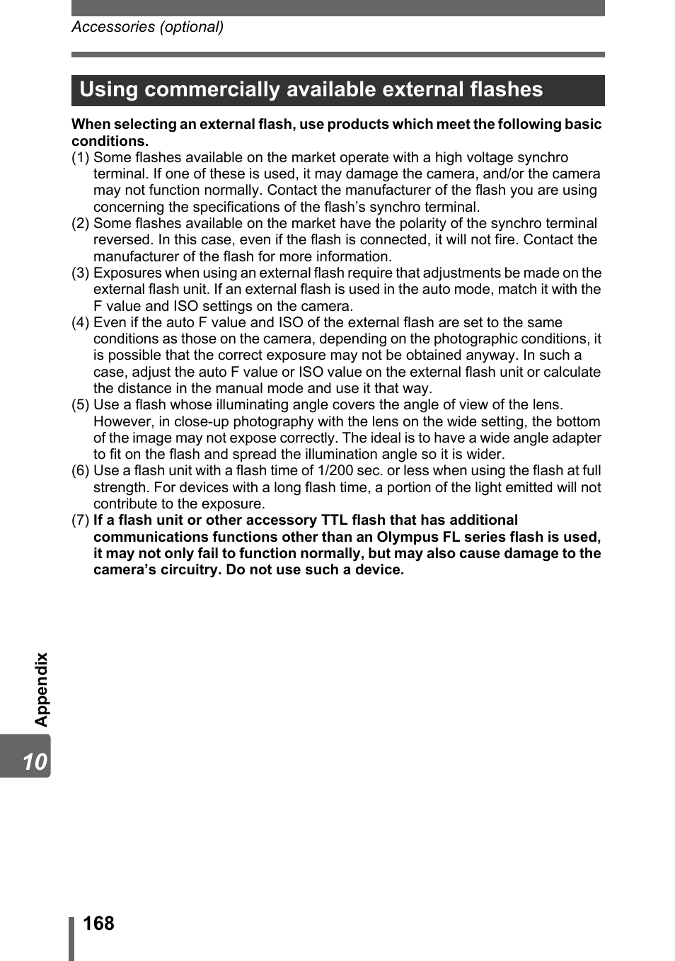 Using commercially available external flashes | Olympus SP-310 User Manual | Page 168 / 195