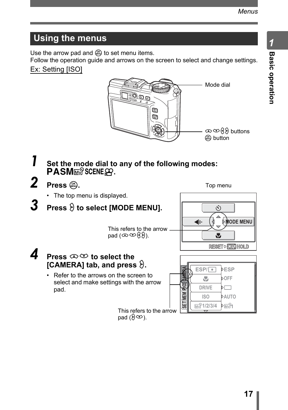 Using the menus | Olympus SP-310 User Manual | Page 17 / 195