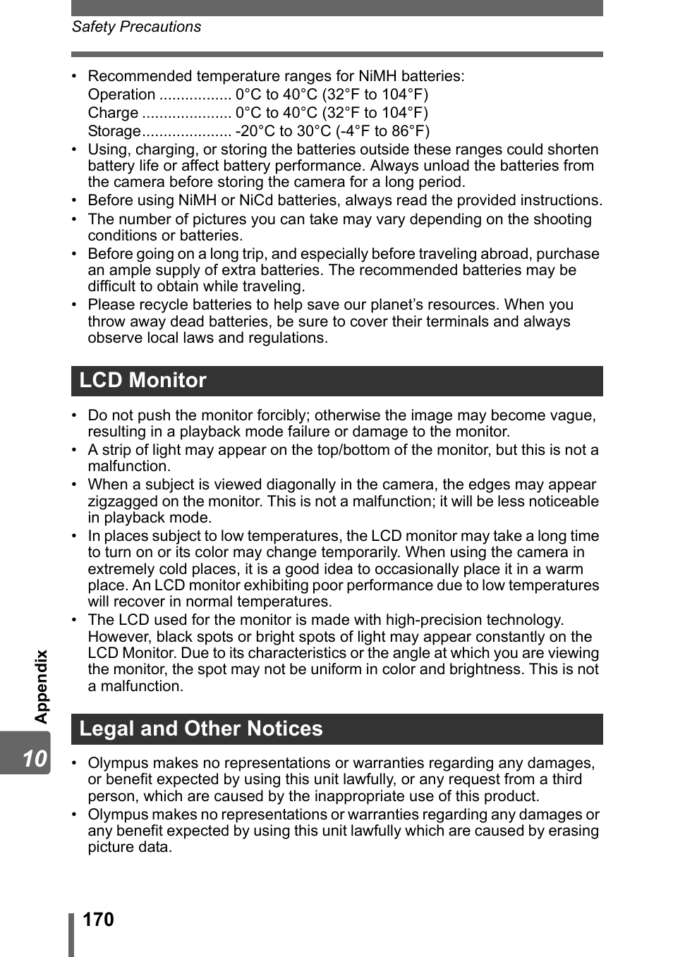 Lcd monitor legal and other notices | Olympus SP-310 User Manual | Page 170 / 195