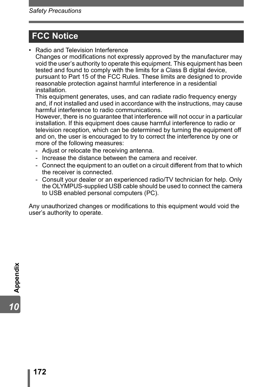 Fcc notice | Olympus SP-310 User Manual | Page 172 / 195