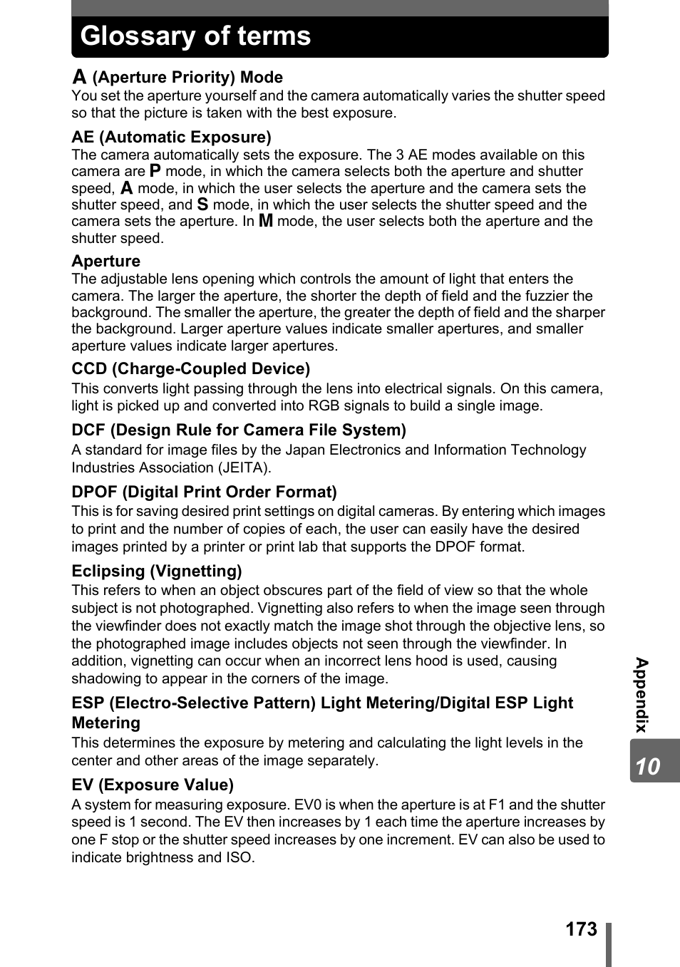 Glossary of terms | Olympus SP-310 User Manual | Page 173 / 195