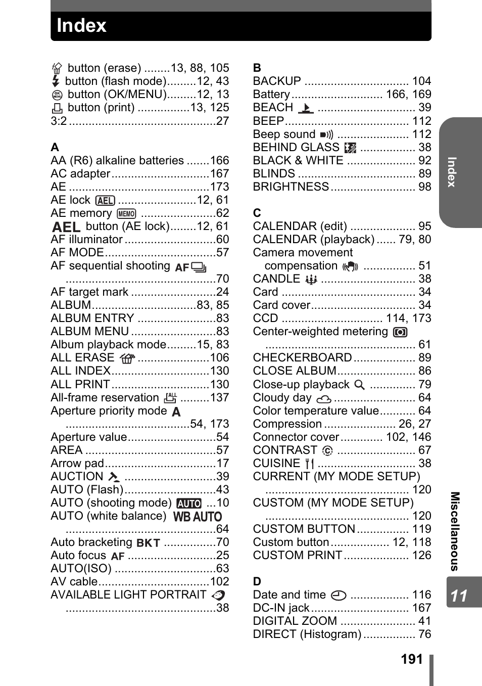 Index | Olympus SP-310 User Manual | Page 191 / 195