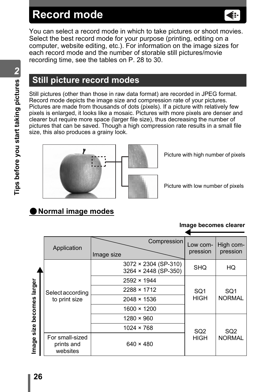Record mode, Still picture record modes, Gp. 26 | Normal image modes | Olympus SP-310 User Manual | Page 26 / 195