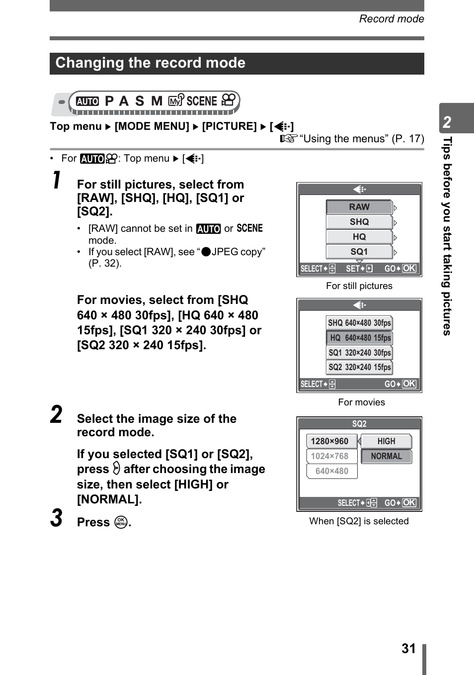 Changing the record mode | Olympus SP-310 User Manual | Page 31 / 195
