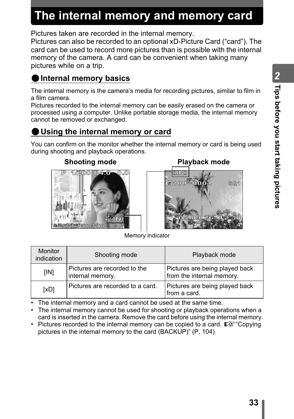 The internal memory and memory card | Olympus SP-310 User Manual | Page 33 / 195