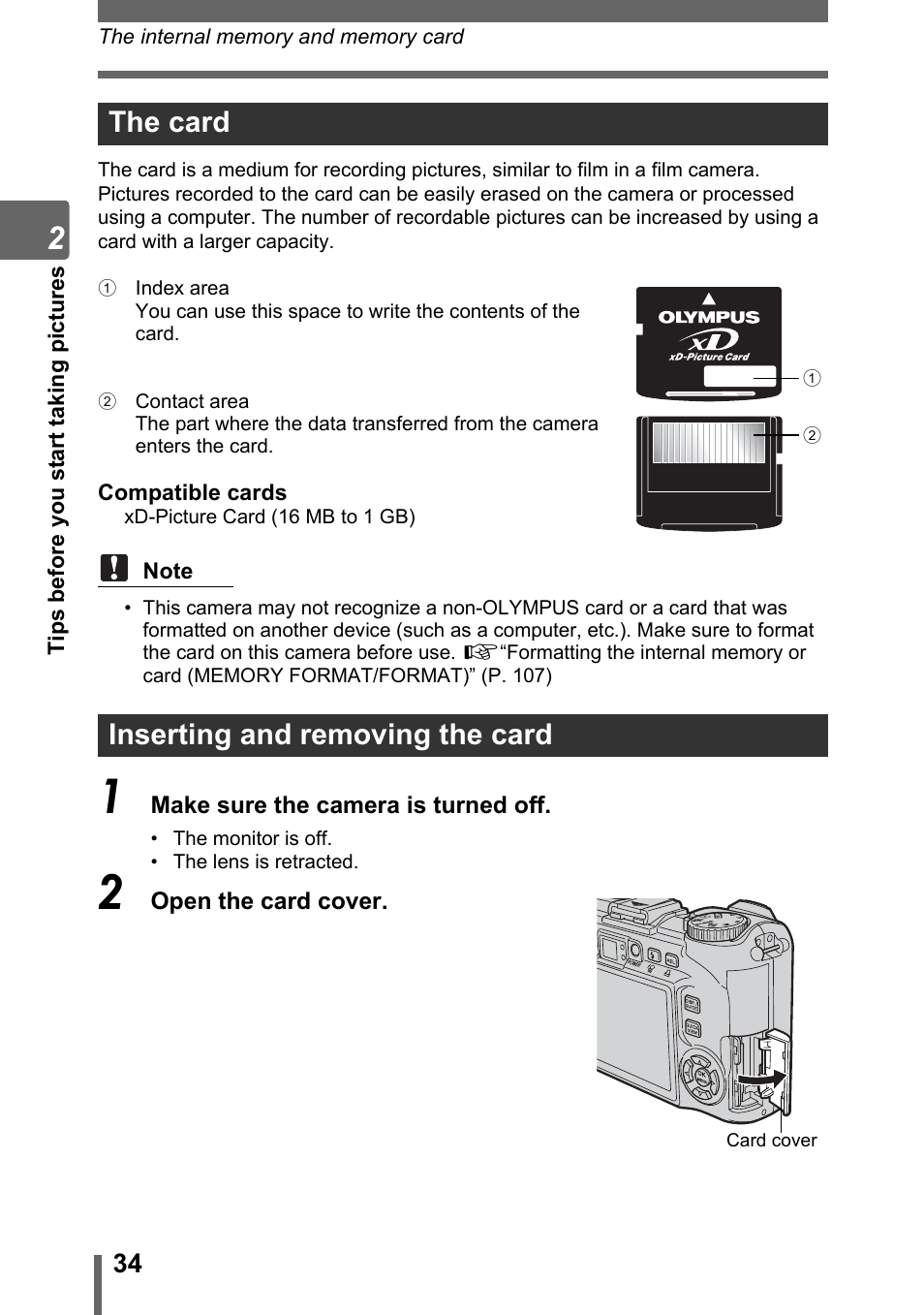 The card, Inserting and removing the card, The card inserting and removing the card | Olympus SP-310 User Manual | Page 34 / 195
