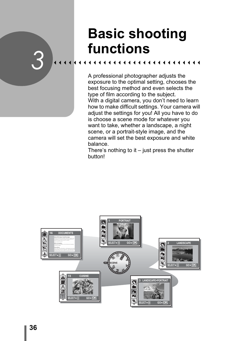 3 basic shooting functions, Basic shooting, Functions | P. 36, Basic shooting functions | Olympus SP-310 User Manual | Page 36 / 195
