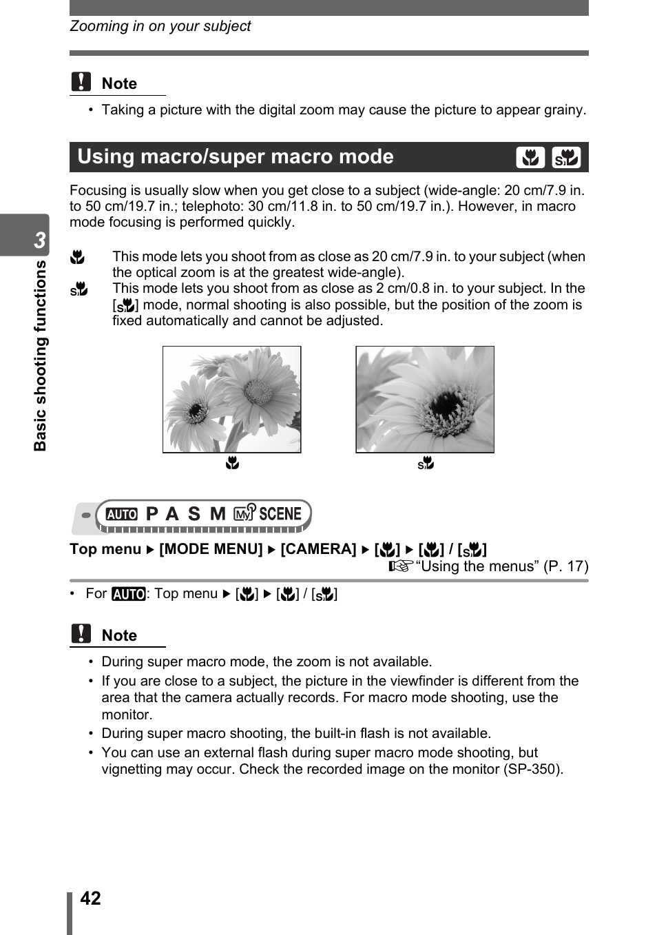 Using macro/super macro mode, Gp. 42 | Olympus SP-310 User Manual | Page 42 / 195