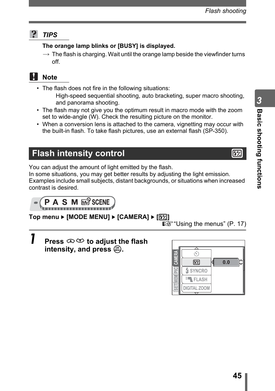 Flash intensity control | Olympus SP-310 User Manual | Page 45 / 195